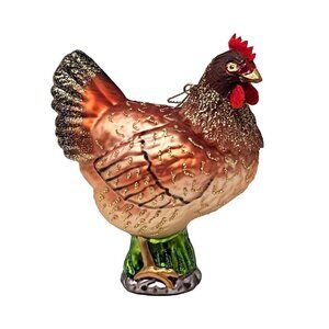 Brown Rooster Chicken Hen Glass Ornament - Christmas Gift